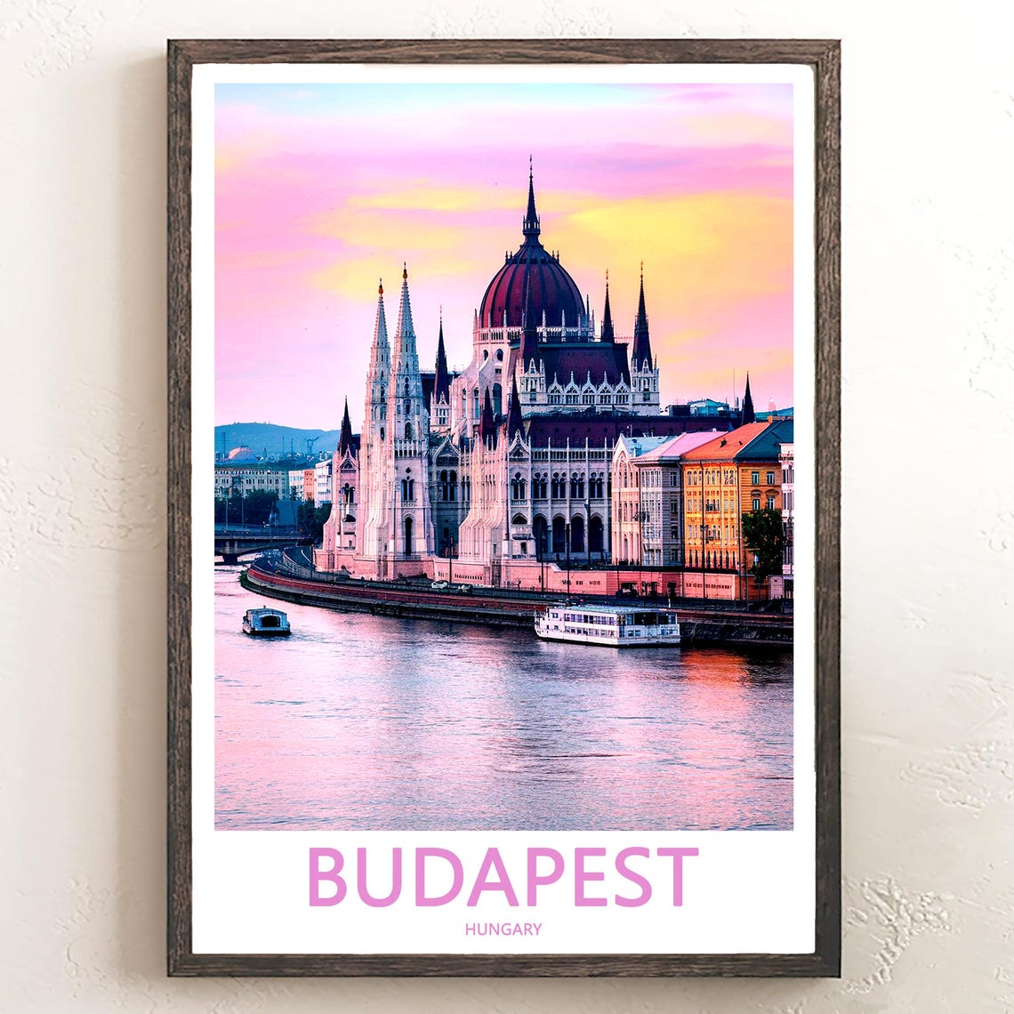 Budapest Hungary Parliament Rosy Sunset With Cruise Boats Poster