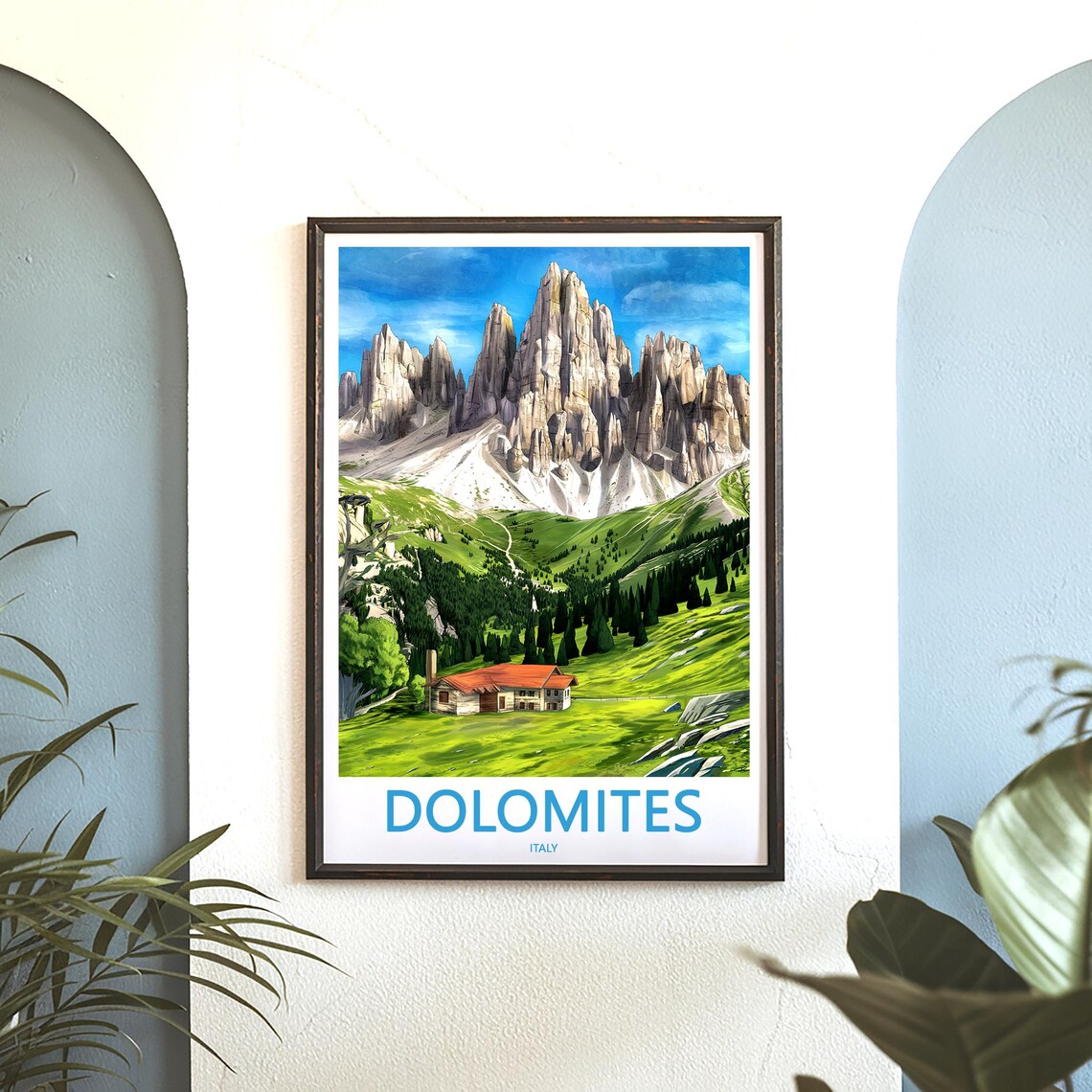 Dolomites Mountain Hut in Green Meadow Italy Nature Travel Poster - Image 3