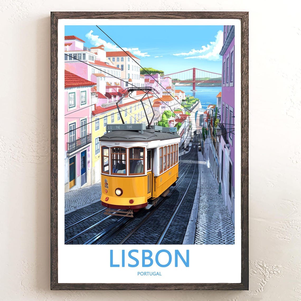 Lisbon Yellow Tram 561 Rolling Downhill Toward the Bridge Poster