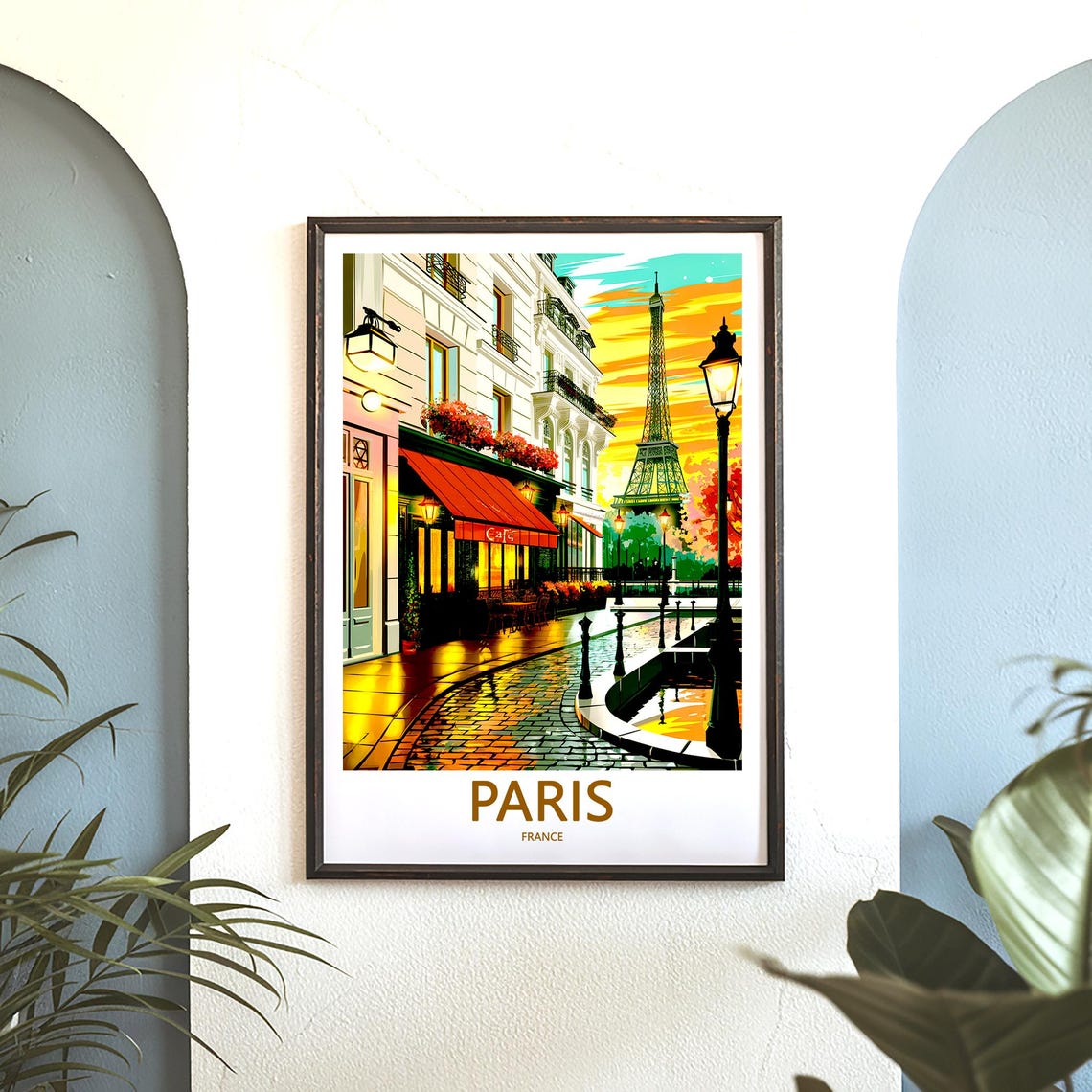 Eiffel Tower Cafe Night Street Red Awning Paris Sunset Poster - Image 3