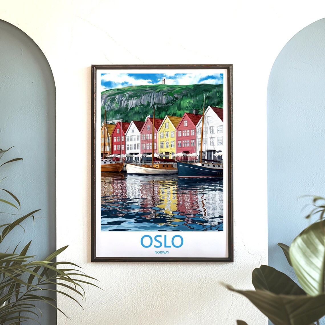 Oslo Colorful Harbor Houses Sailboats and Green Hill Travel Poster - Image 3