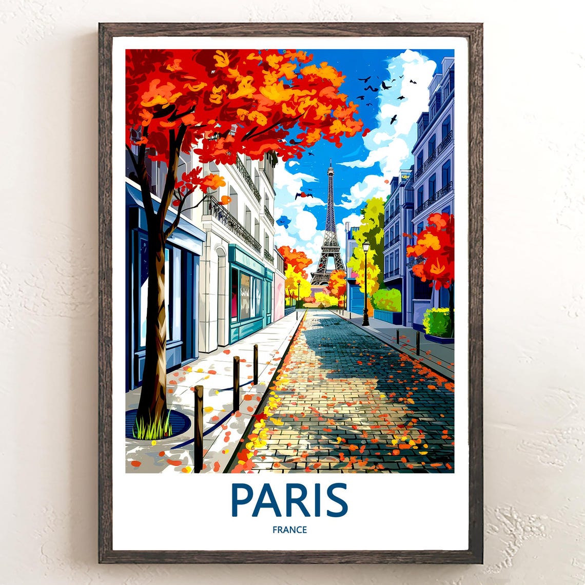 Eiffel Tower Beyond Autumn Trees on a Cobblestone Paris Street Poster