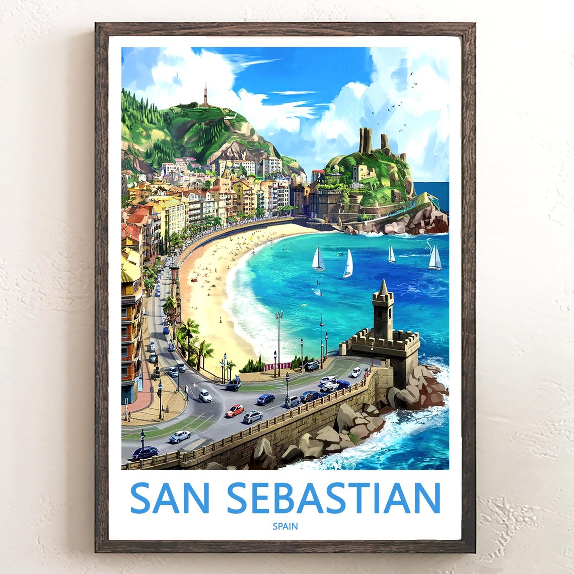 San Sebastian Harbor Fortress Sailboats Curved Beach Travel Poster