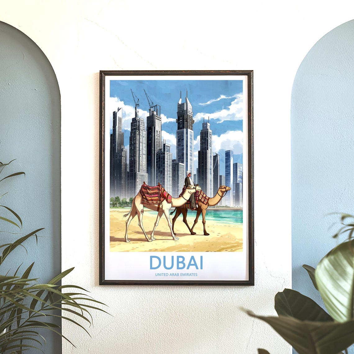 Dubai Camel Beach Downtown Skyline in Watercolor Style Poster - Image 3