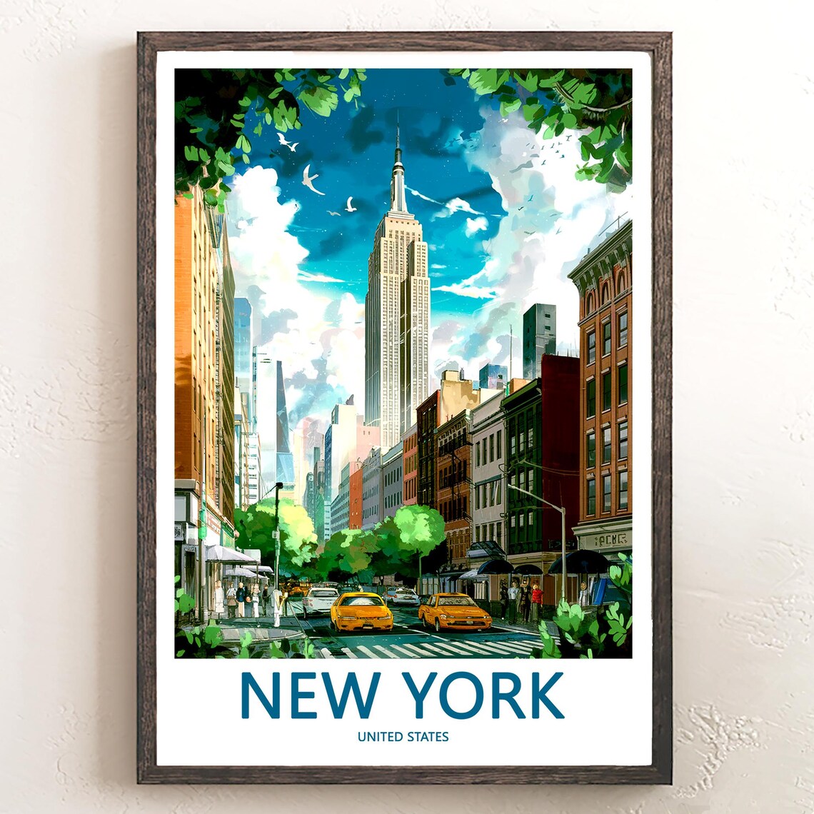 Empire State Building Rising Above a Busy Yellow Taxi Street Poster