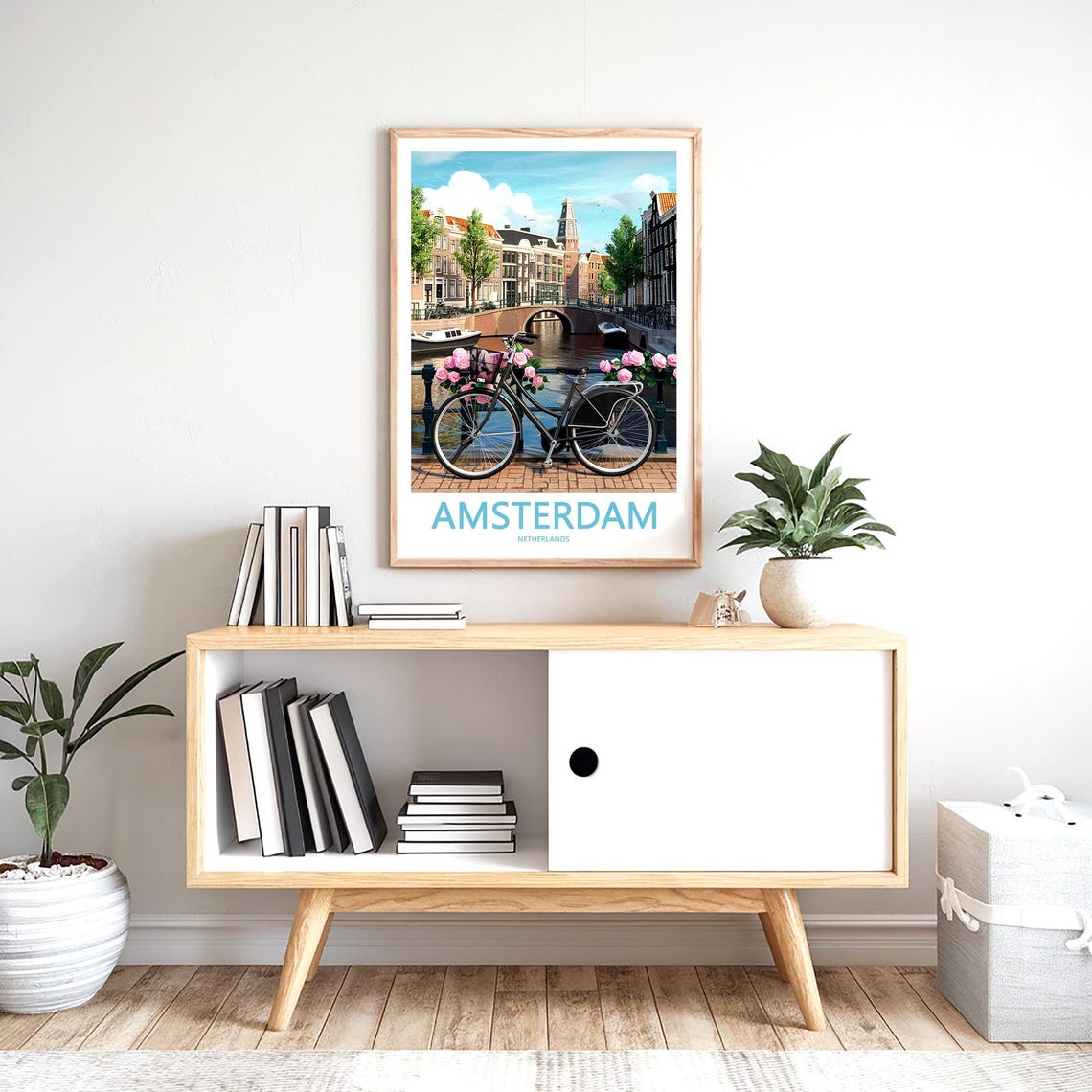 Amsterdam Bicycle Pink Roses Bridge Canal Illustrated Poster - Image 2