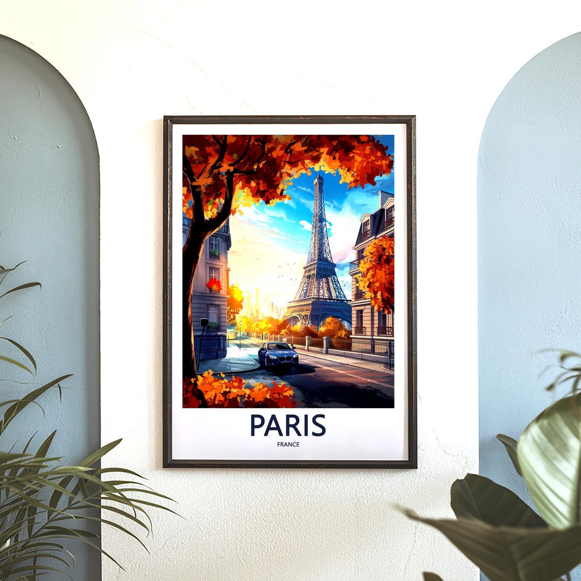 Eiffel Tower Autumn Street with Blue Car Illustrated Paris Poster - Image 3
