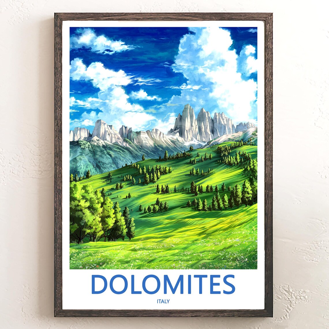Dolomites Green Alpine Valley with Cabins Italy Travel Poster
