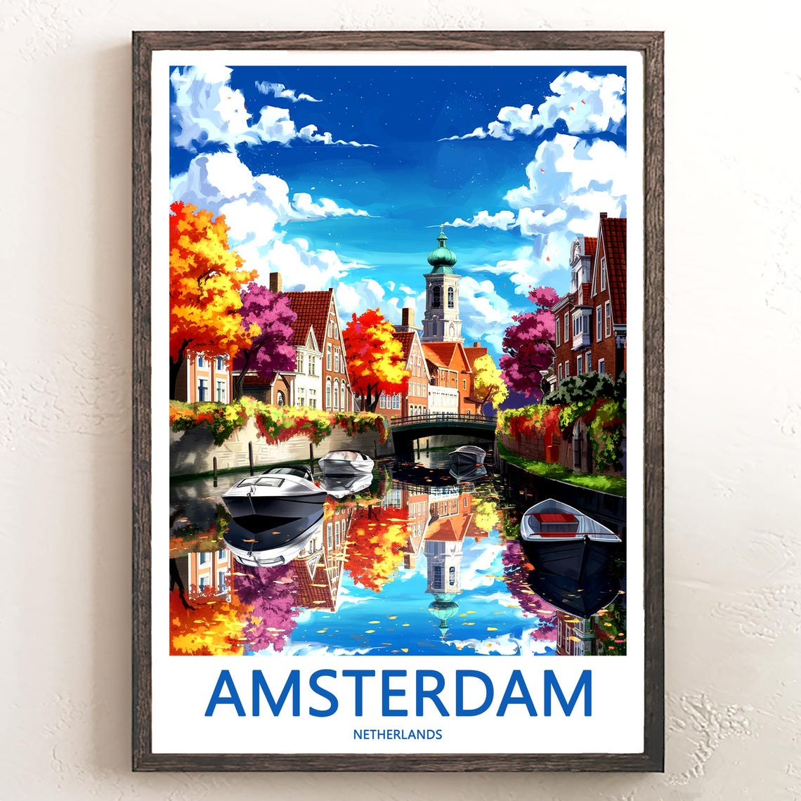 Amsterdam Vibrant Autumn Canal Colors Boats Netherlands Art Poster