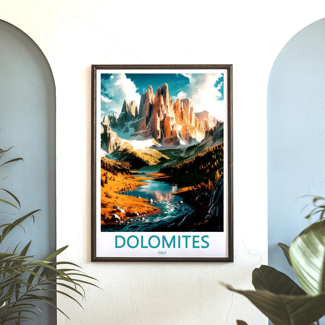 Dolomites Winding River under Jagged Peaks Italy Travel Poster - Image 3