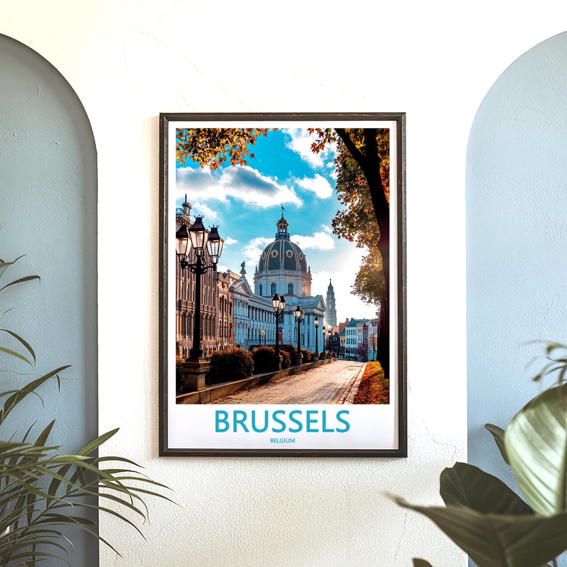 Brussels Belgium Domed Cathedral Avenue Lamppost Scene Poster - Image 3