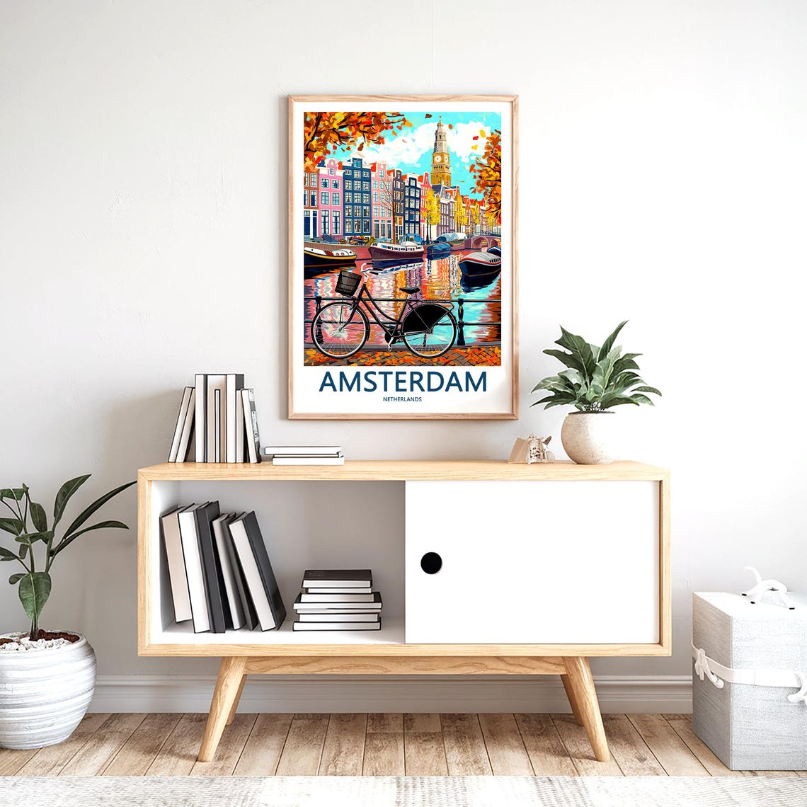 Amsterdam Canal with Bicycle Clock Tower Autumn Art Travel Poster - Image 2