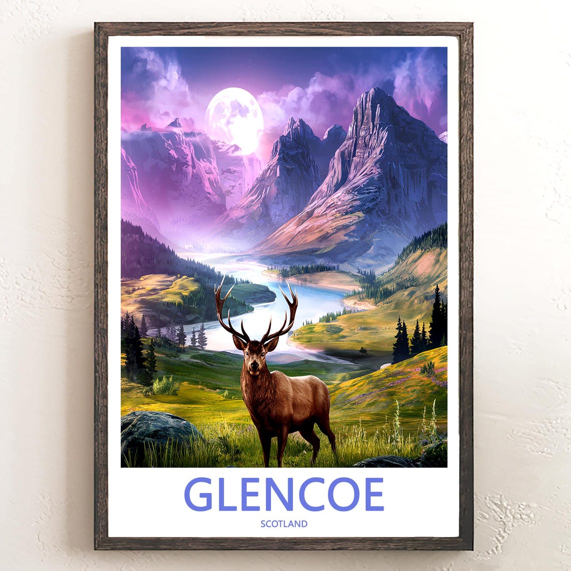 Glencoe Scotland Majestic Moonlit Stag Mountain Night Poster