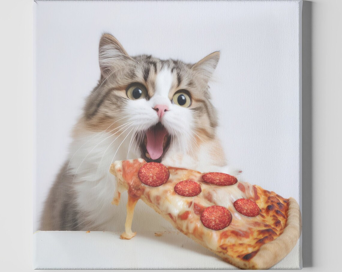 Cute Cat Eating Pizza, Funny Kitchen Art Print