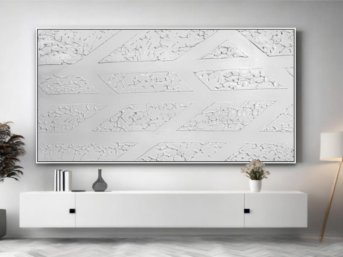 White Geometric Diamond Texture Minimalist Modern Relief Wall Art - Image 4
