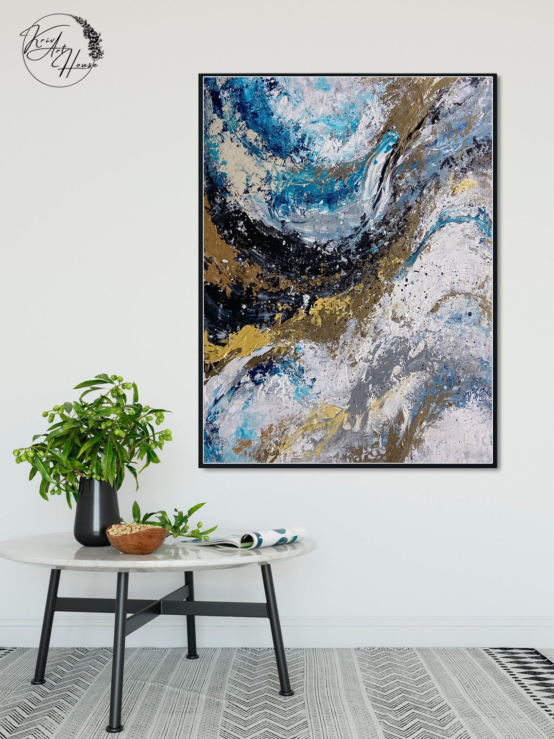 Blue Gold White Swirling Ocean Storm Abstract Vertical Art Poster - Image 2
