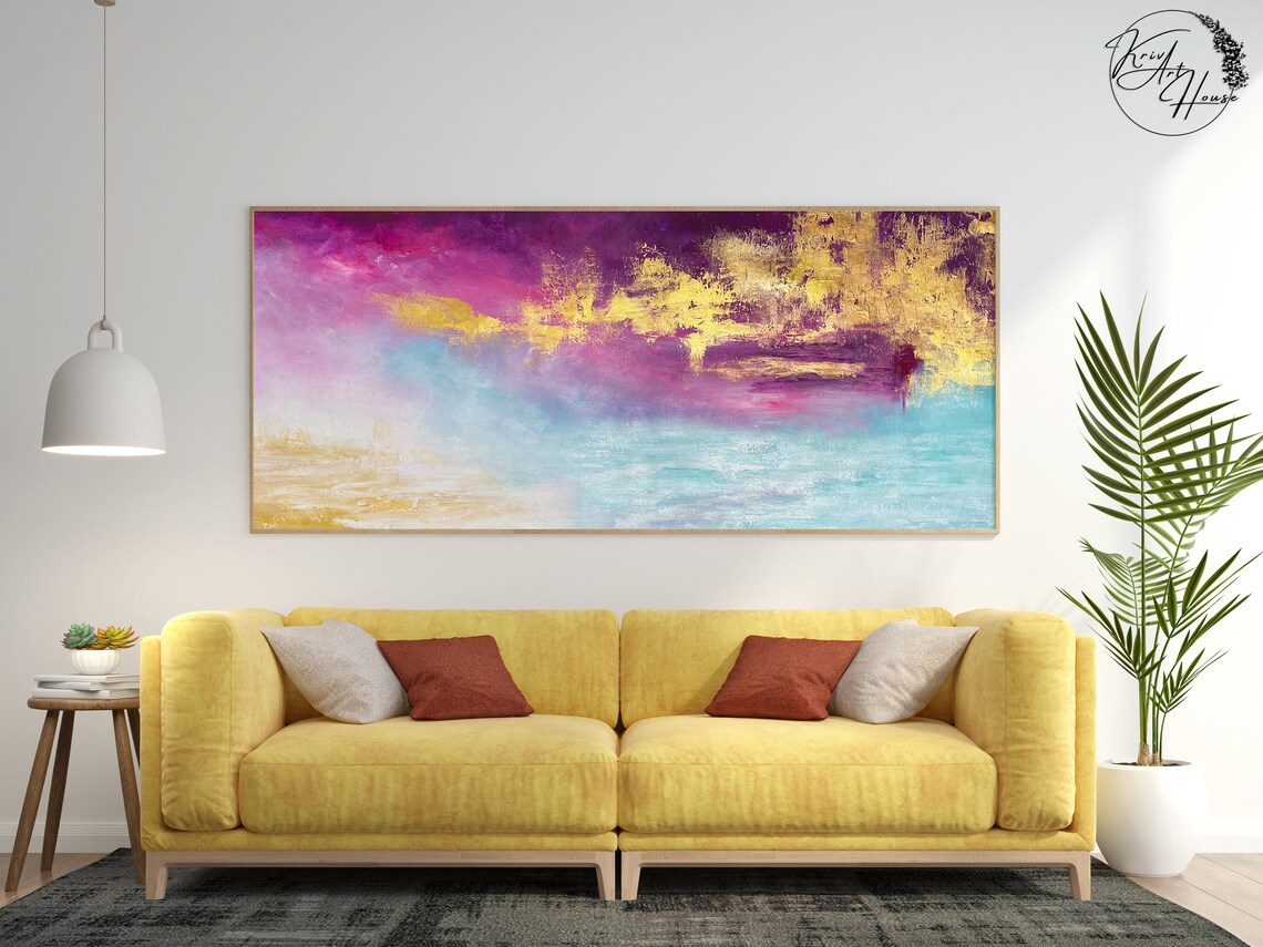 Gold and Pink Abstract Painting, Trendy Wall Art - Image 2