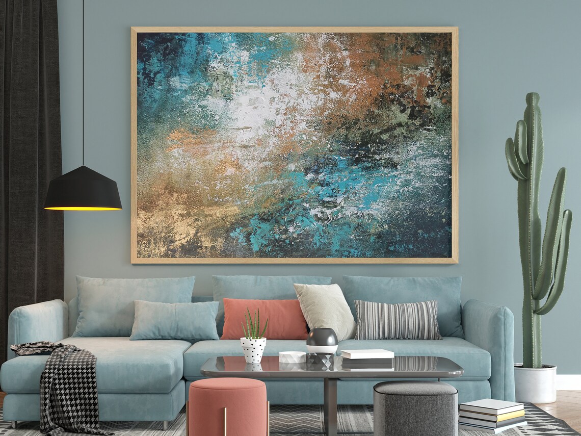 Gold and Blue Abstract Painting, Oversized Wall Art - Image 2