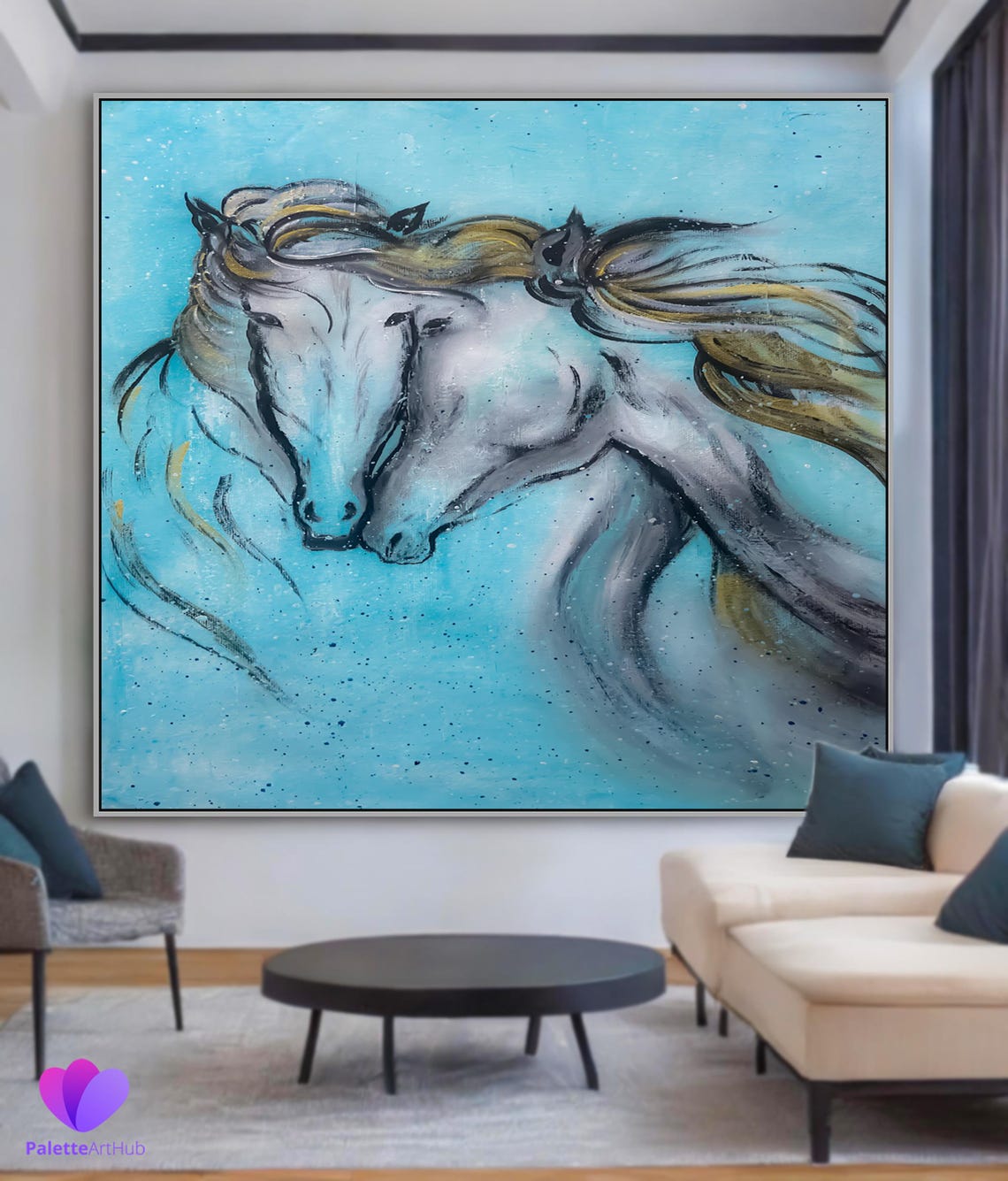 Twin Graceful White Horses Turquoise Abstract Equine Wall Art - Image 4