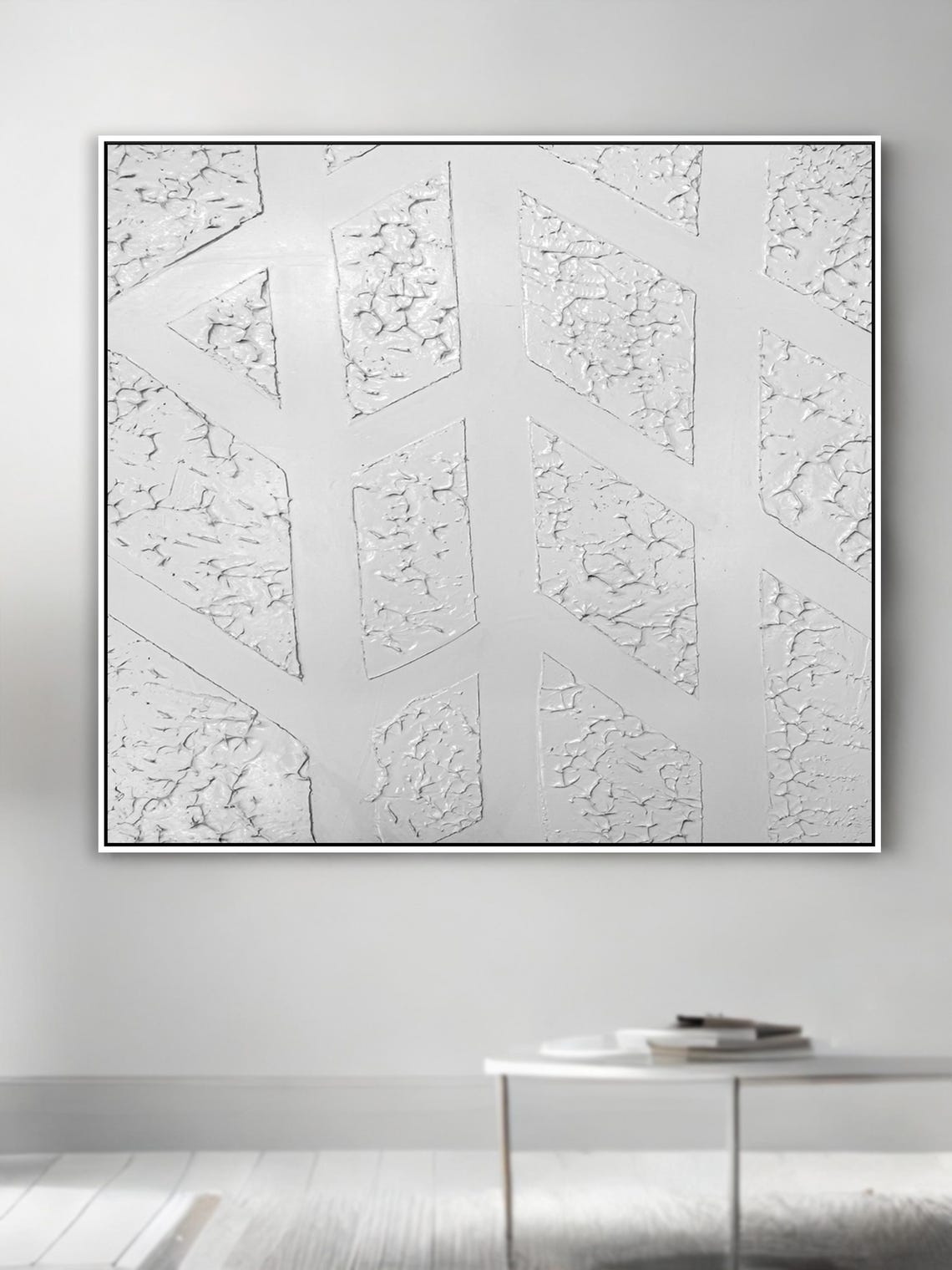 White Geometric Diamond Texture Minimalist Modern Relief Wall Art - Image 2