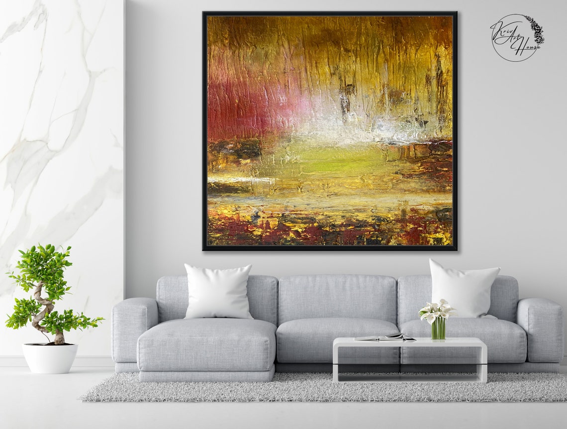 Mustard Gold Abstract Glowing Sunset Drips Textured Art Poster - Image 4