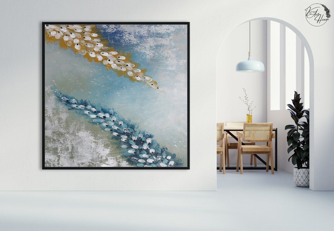 Teal Gold White Blossom Trails Abstract Floral Art Wall Poster - Image 3