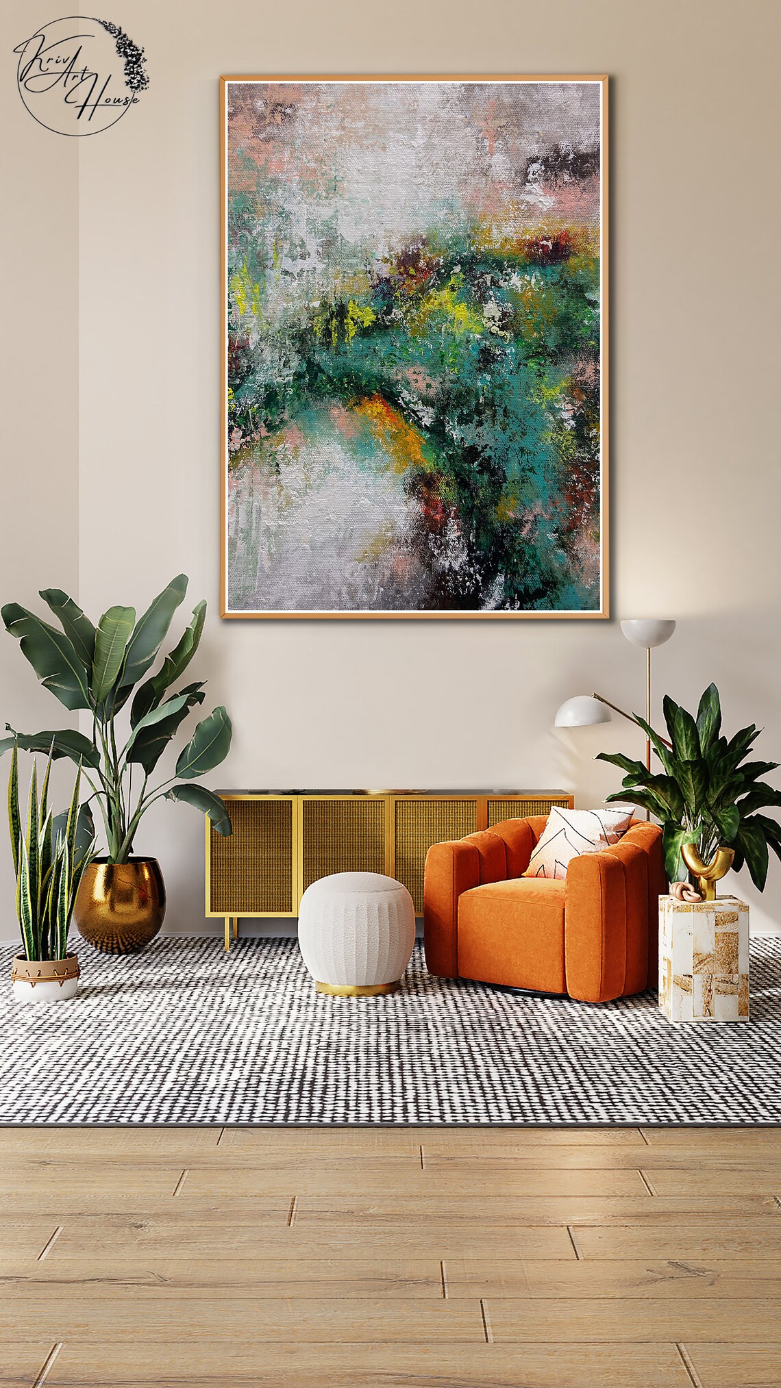 Green White Pink Garden Colorful Abstract Horizontal Art Poster - Image 4