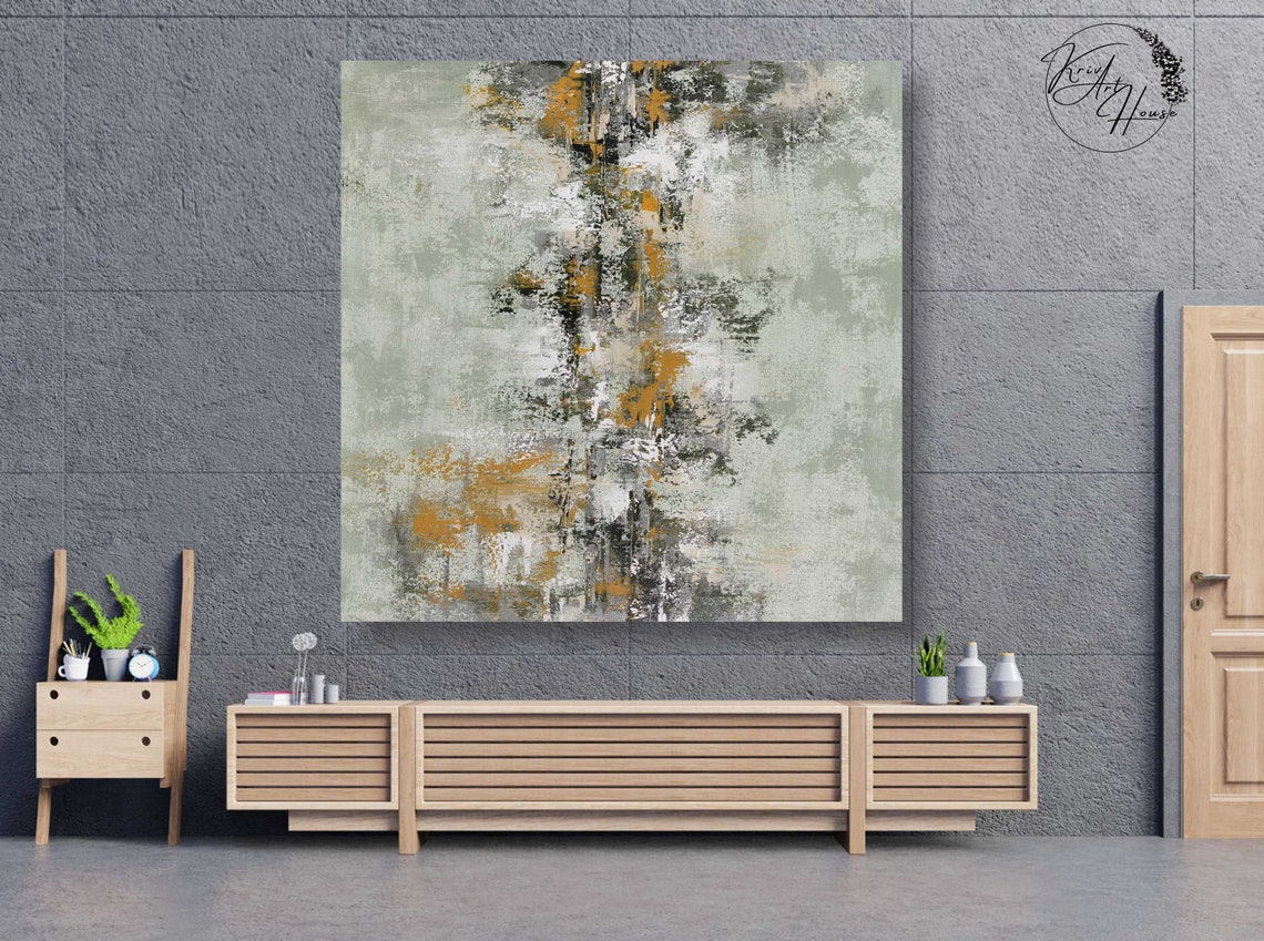Sage Green Mustard Grey Distressed Vertical Abstract Wall Art - Image 3