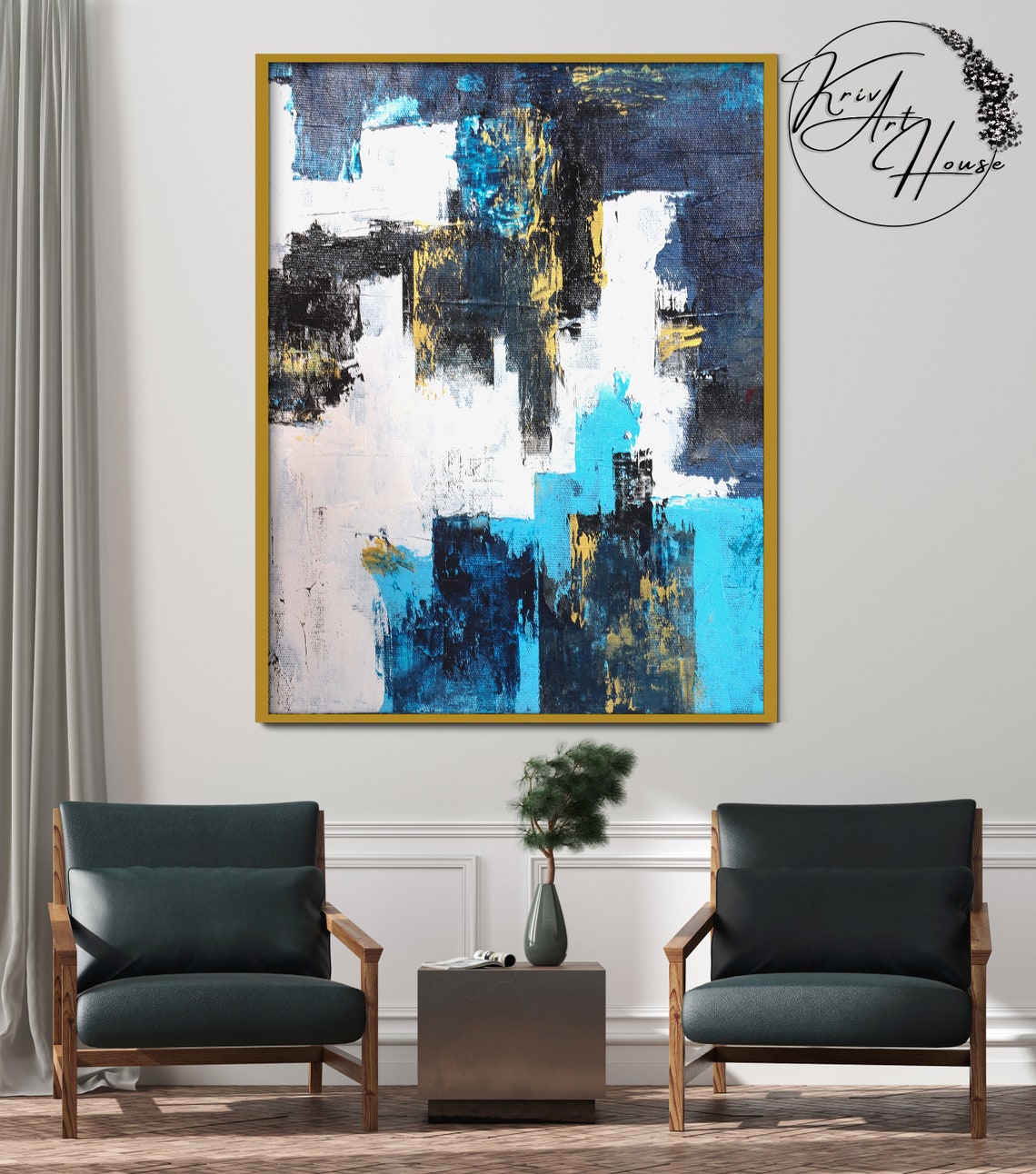 Navy Blue White Turquoise Block Textured Abstract Square Poster - Image 3