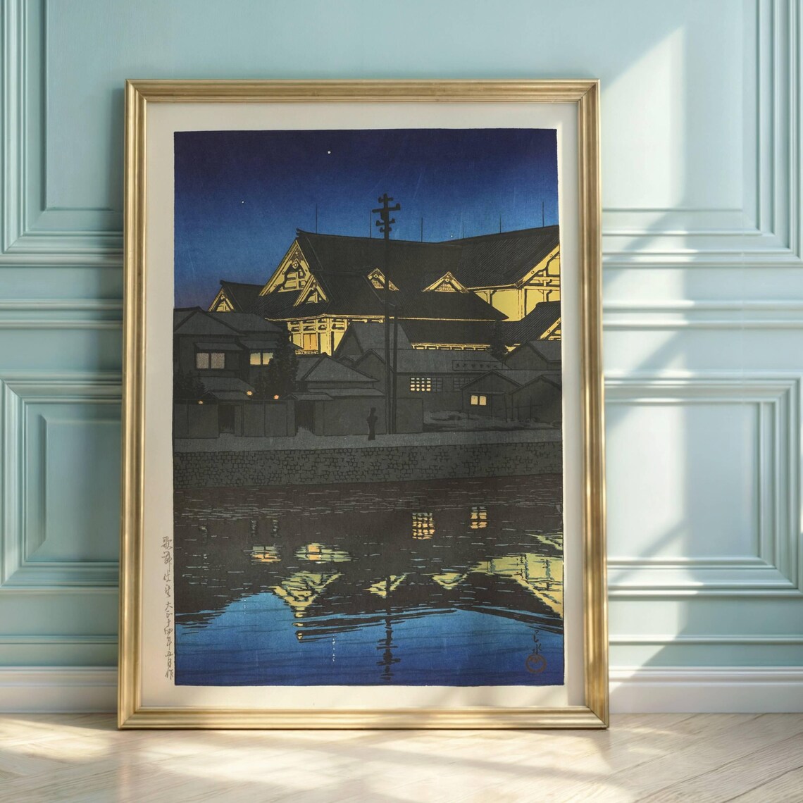 Hasui Kawase Kabukiza Theater Japanese Woodblock Night Reflection Print