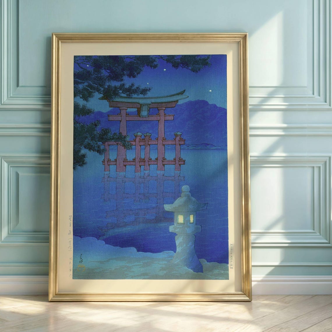 Floating Torii Gate Night Japanese Woodblock Style Moonlight Poster