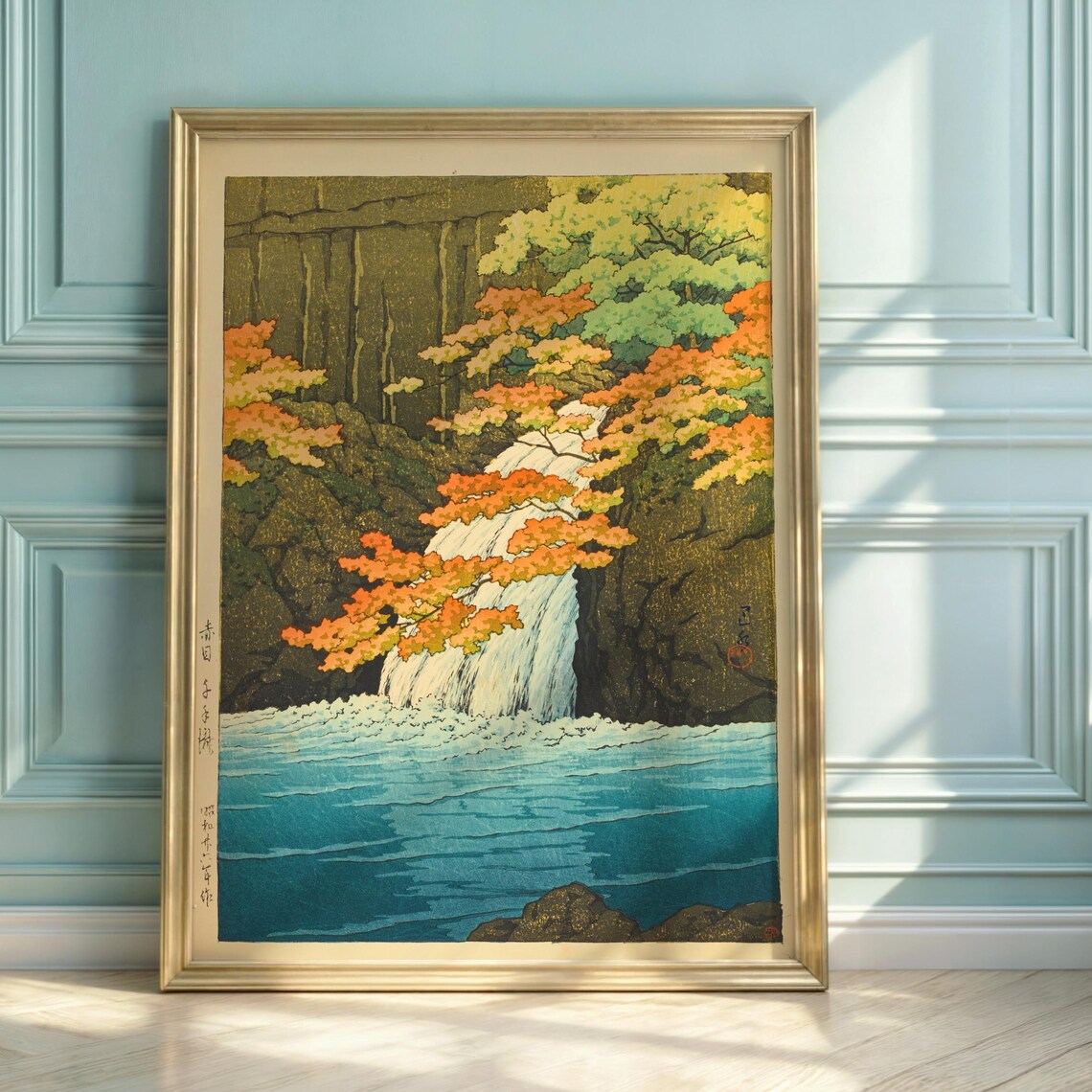 Hasui Kawase Akame Senju Taki Waterfall Autumn Woodblock Poster