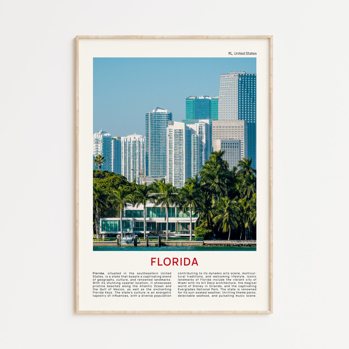 Florida Miami Skyline Palm Trees Tropical Cityscape Photo Poster