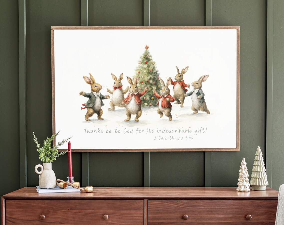Christmas Bunny Scripture Art Print, Holiday Decor
