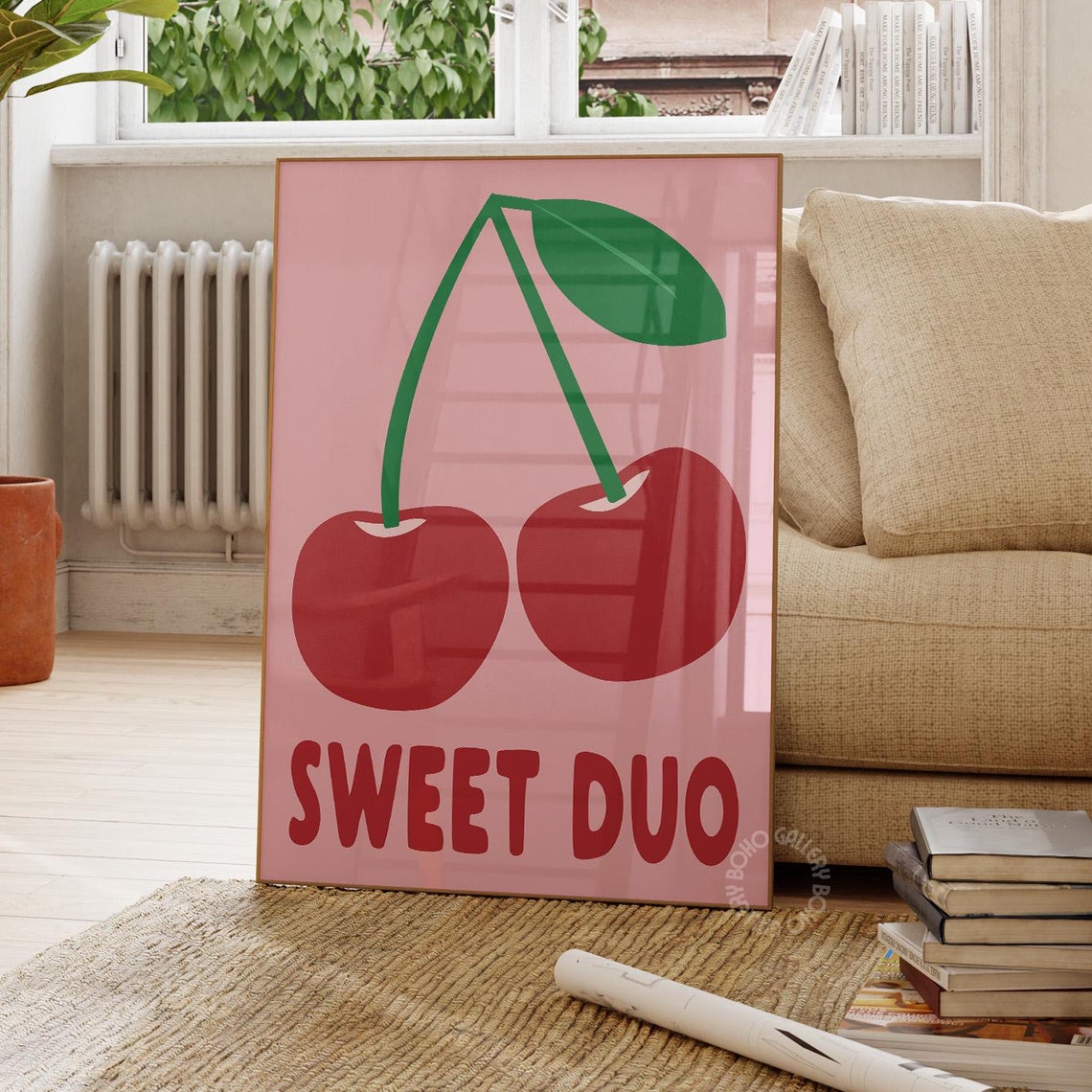 Sweet Duo Red Cherry Illustration Poster Pink Trendy Fruit Kitchen