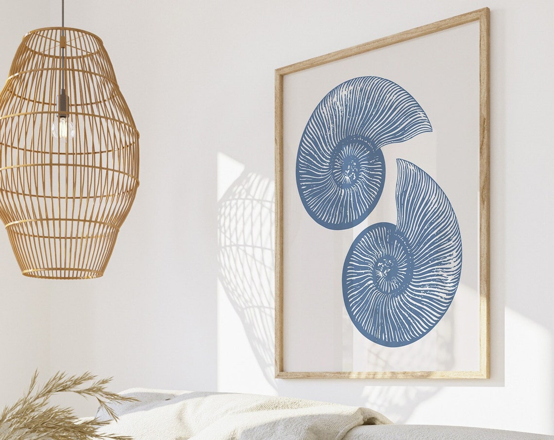 Blue Nautilus Shell Pair Coastal Cream Minimal Beach Decor Poster