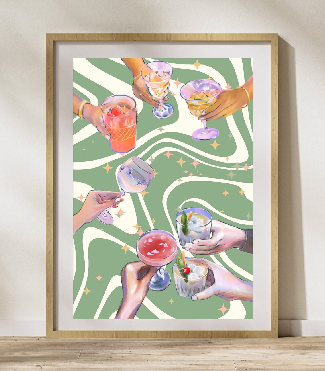 Cheers Cocktail Hands Retro Green Swirl Girls Night Out Poster