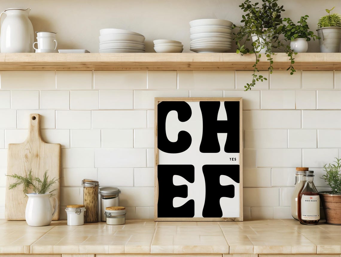 Yes Chef Bold Black and White Retro Kitchen Typography Poster - Image 3