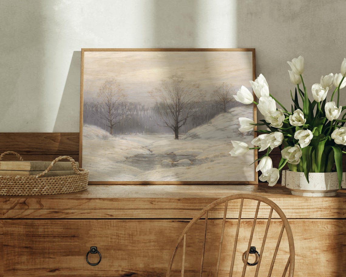 Serene Winter Forest Snowy Stream Landscape Vintage Painting Poster - Image 4