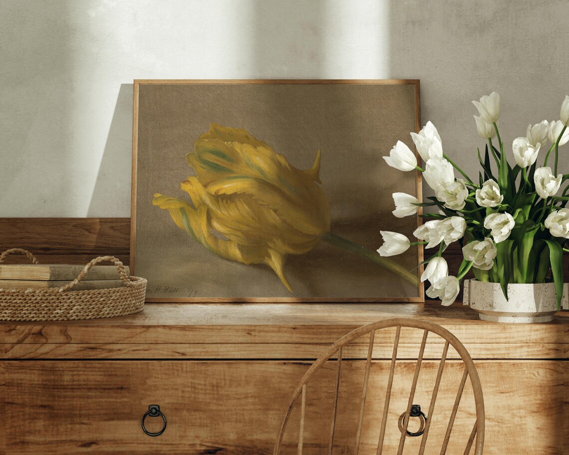 Yellow Tulip Still Life Signed Vintage Floral Oil Painting Poster - Image 5