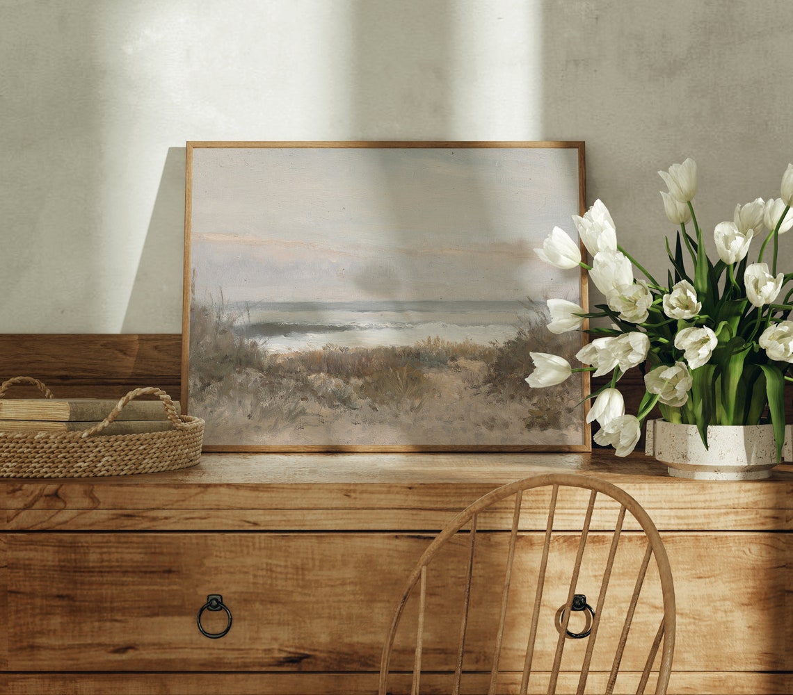 Beach Dunes Grass Soft Ocean Waves Neutral Coastal Art Poster - Image 2