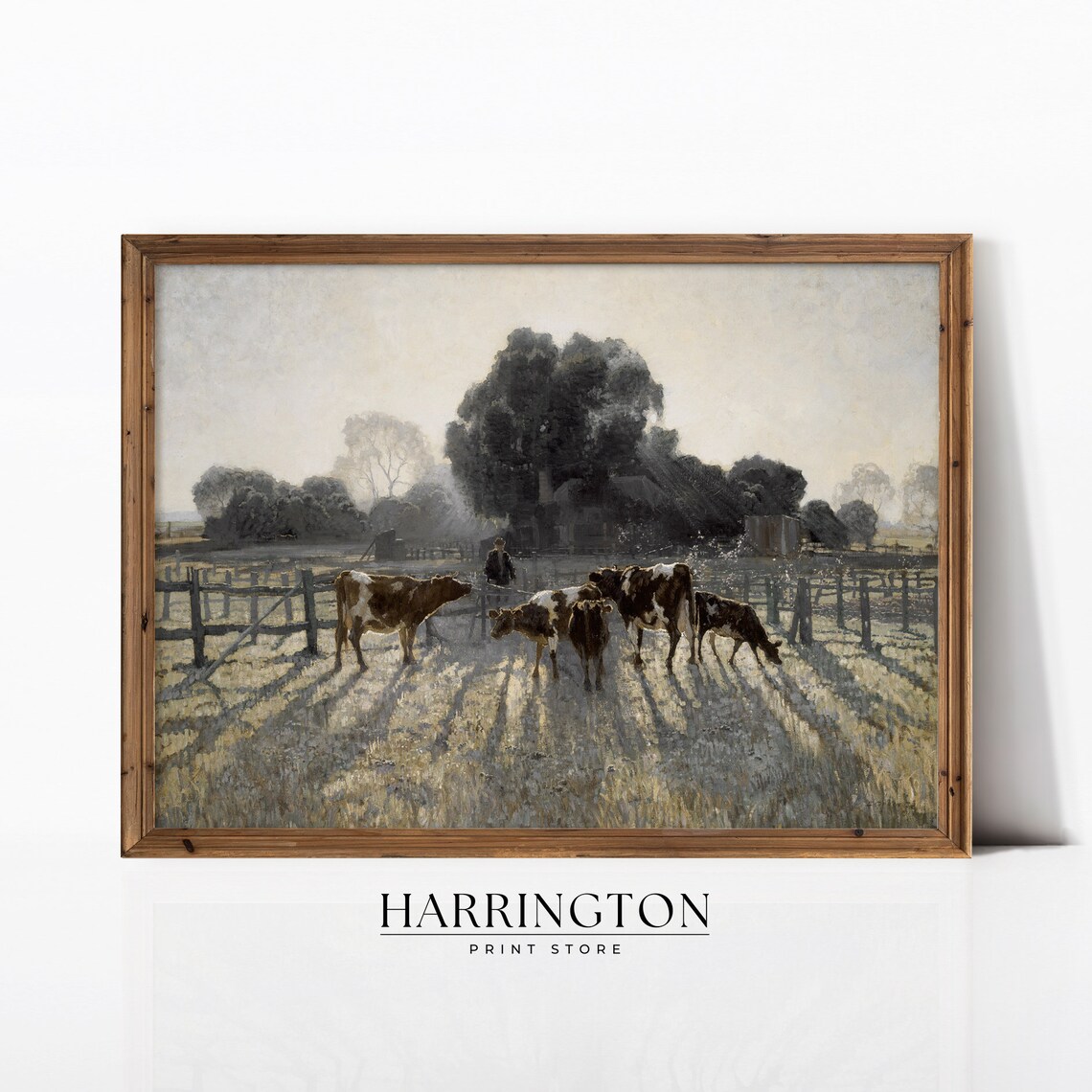 Cows in Morning Pasture Farm Fence Vintage Countryside Art Poster