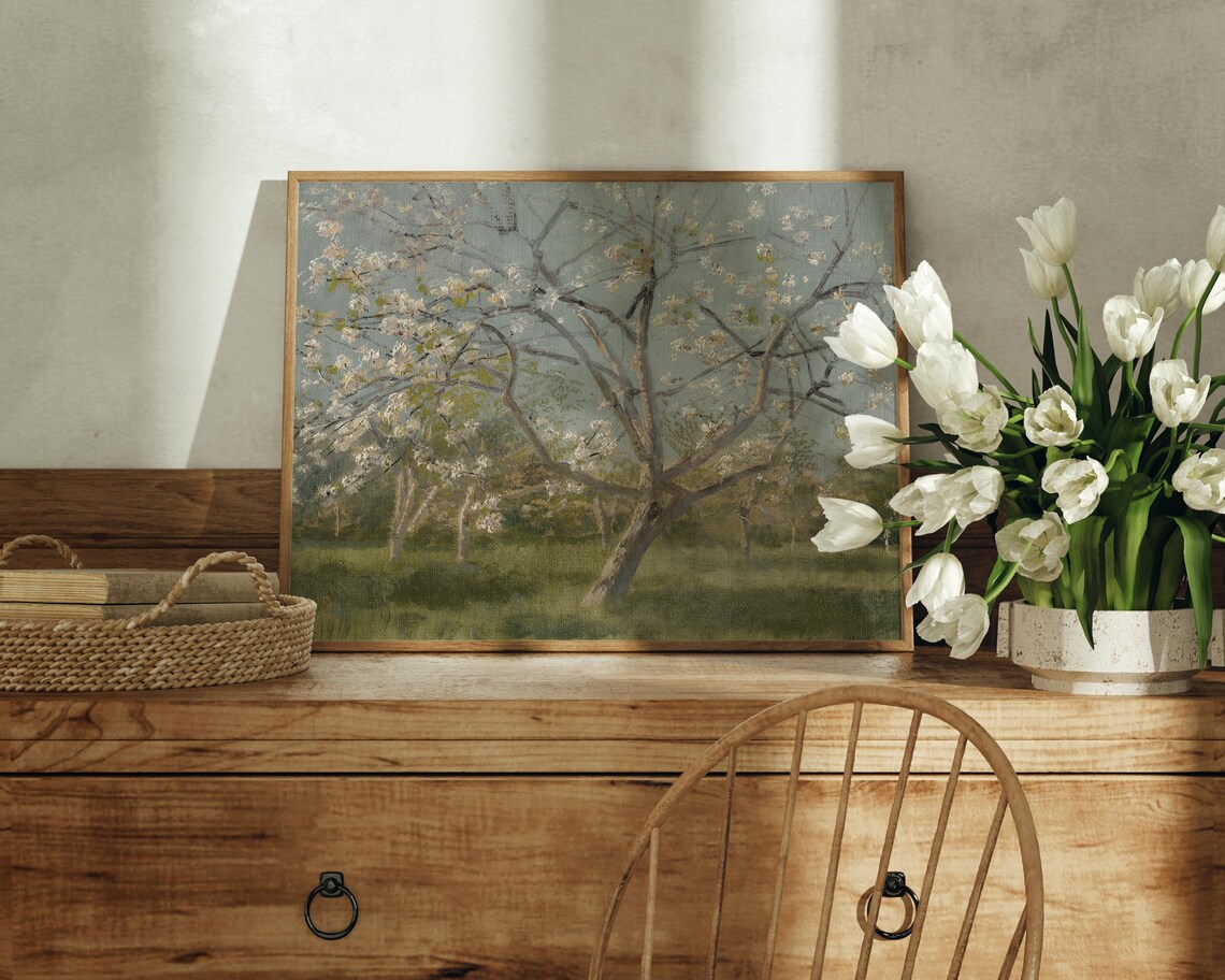White Blossom Orchard Tree Spring Countryside Vintage Art Poster - Image 5