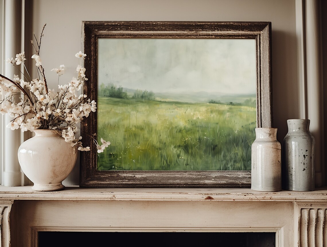 Misty Green Meadow Wildflowers Soft Fog Spring Vintage Art Print - Image 2