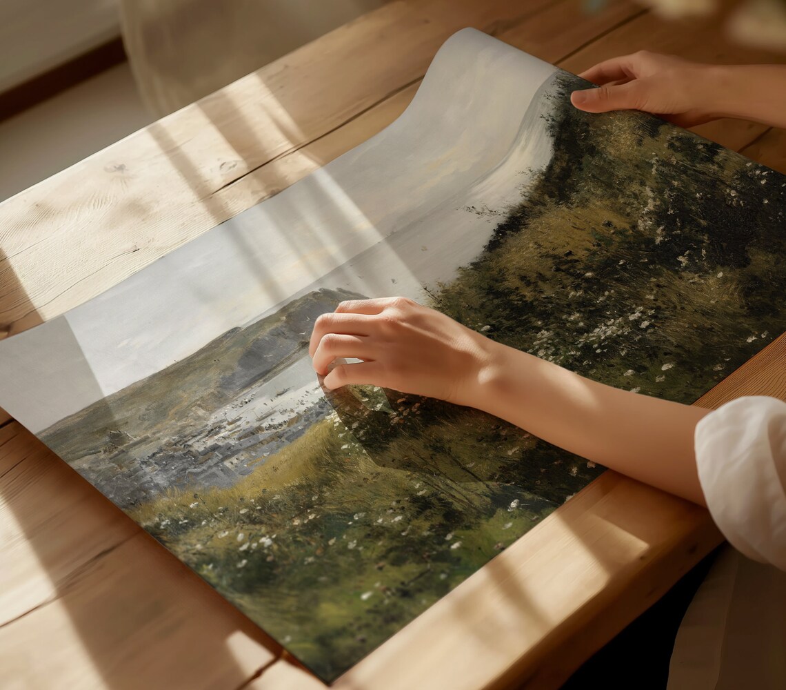Coastal Cliffs Harbor Town Wildflower Field Vintage Art Poster - Image 3