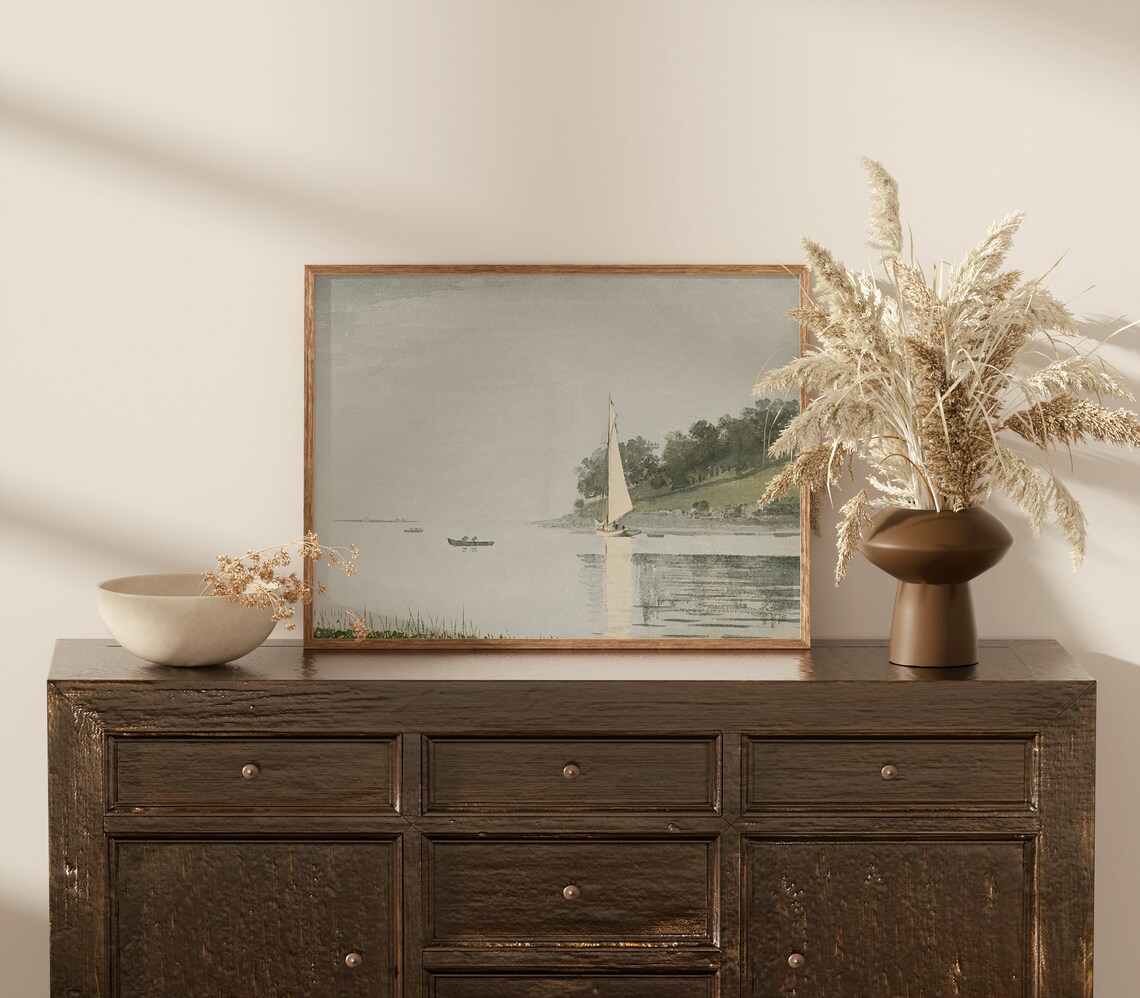 Misty Lake Sailboat Wooded Shoreline Vintage Coastal Art Poster - Image 2