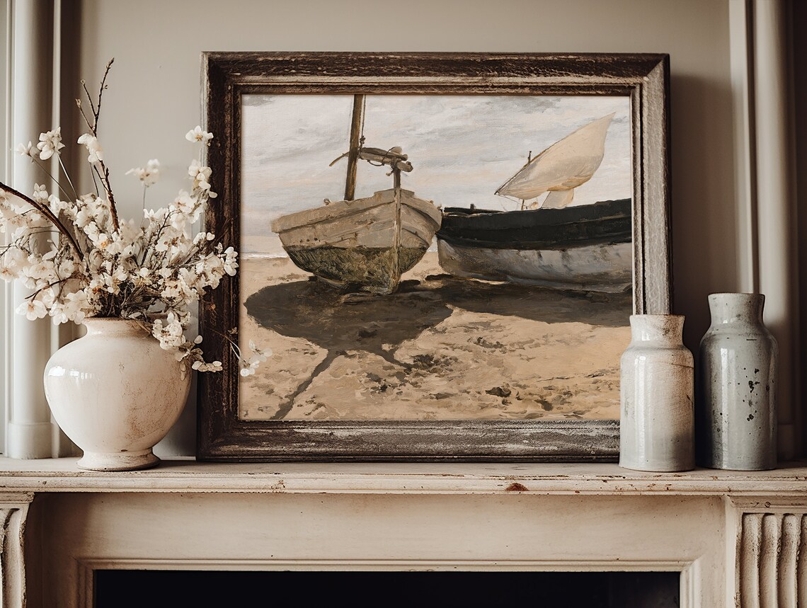 Vintage Wooden Fishing Boats Beached Sand Muted Coastal Art Print - Image 4