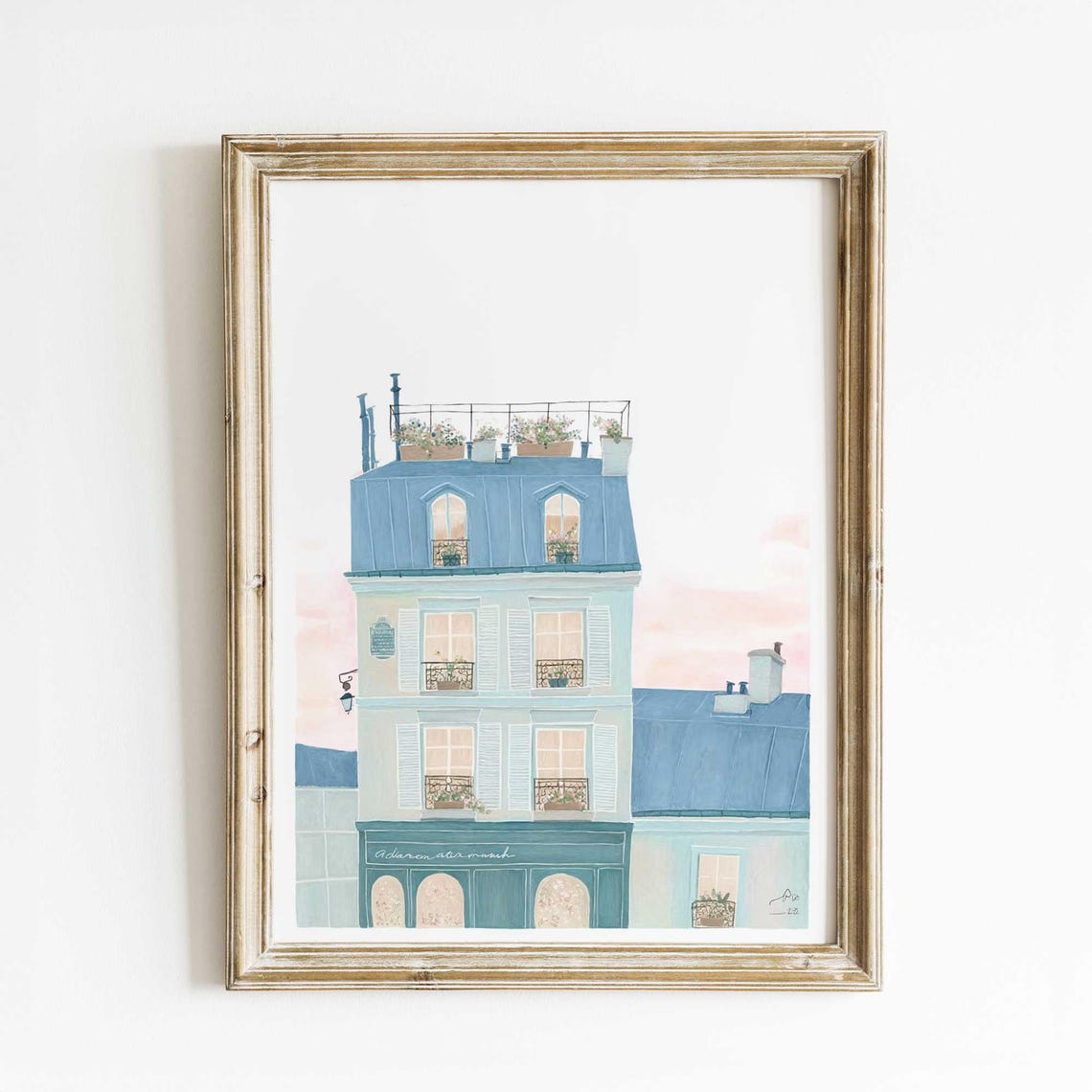 Romantic Parisian Rooftop Terrace Garden Sunset Watercolor Poster