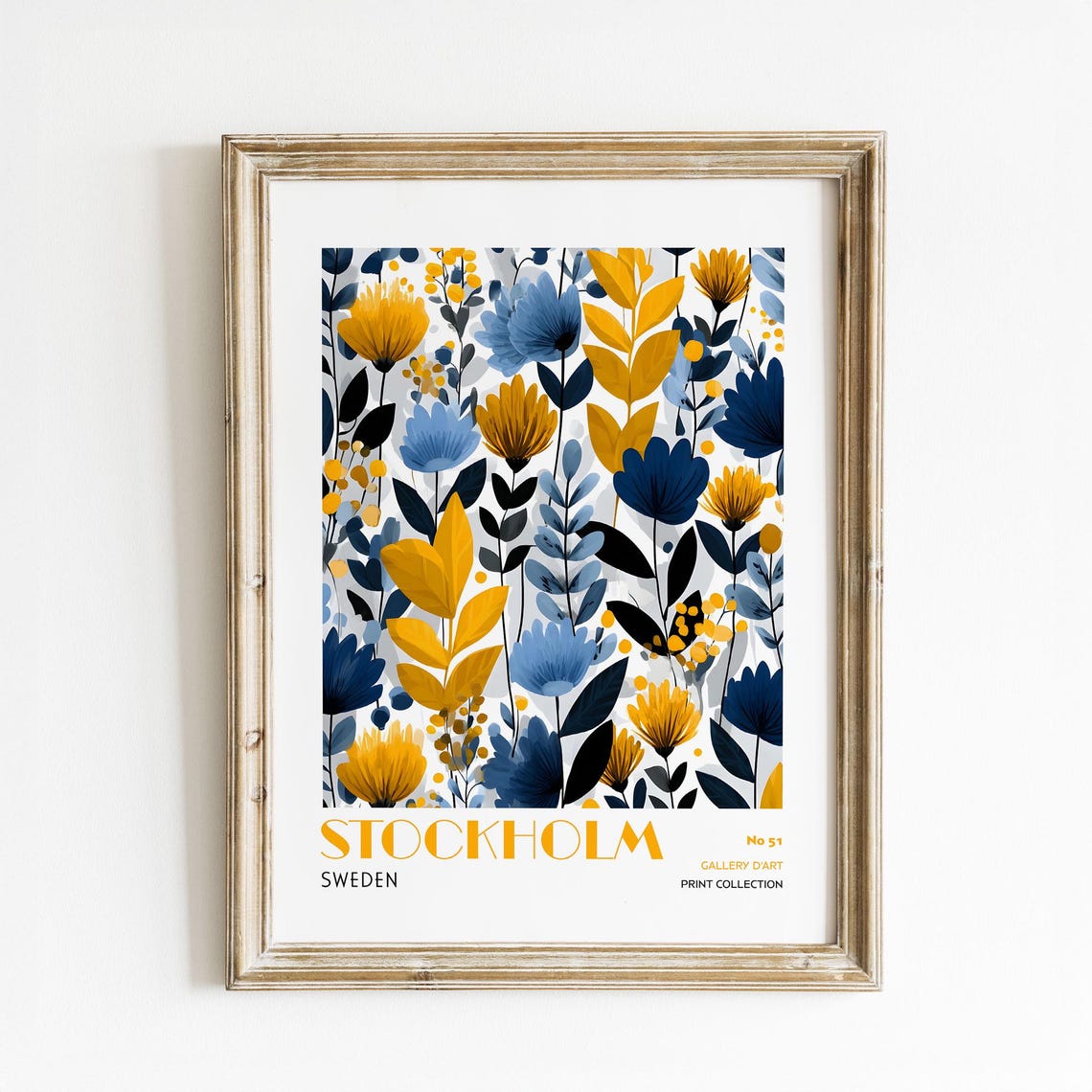Stockholm Sweden Yellow Blue Floral Botanical Pattern Poster