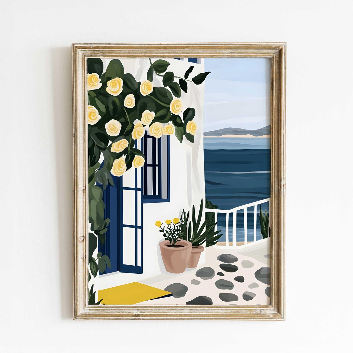 Greek Island Doorway Climbing Yellow Roses Sea View Watercolor Poster